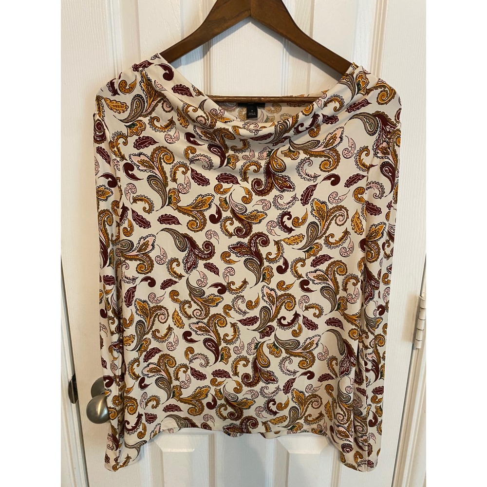 Ann Taylor Factory Womens Medium Paisley Cowl Neck Blouse Long Sleeve Cream Fall